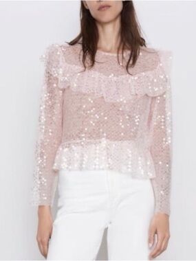 Zara ruffled light pink sequin top small